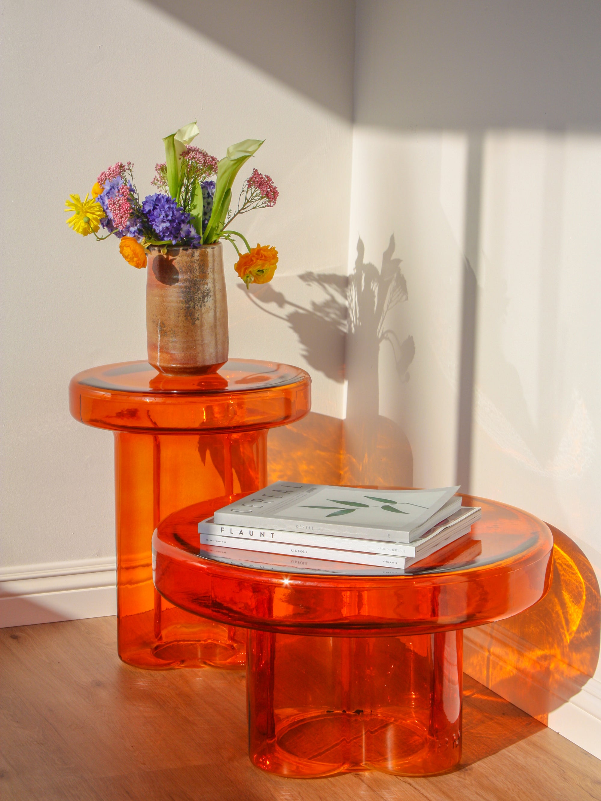 Glass Soda End Table Dupe - Miniforms Coffee Table Dupe - Orange, Skinny Glass Pedestal Coffee Table